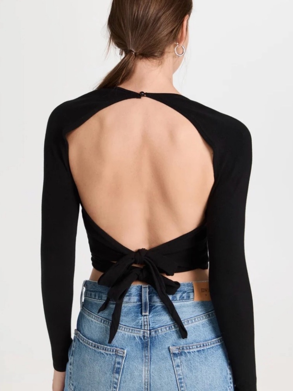 Free People Black Ribbed Long Sleeve Tie-Back Top